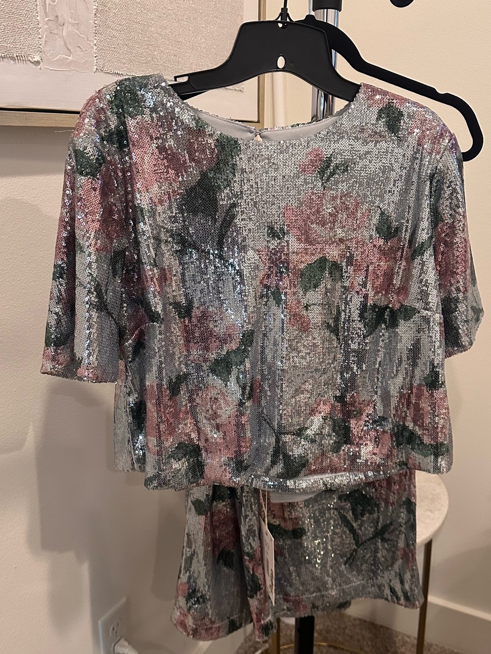 Sequin Floral Short Sleeve Top & Pants in Silver & Pink/Green, pant sz 10, top L